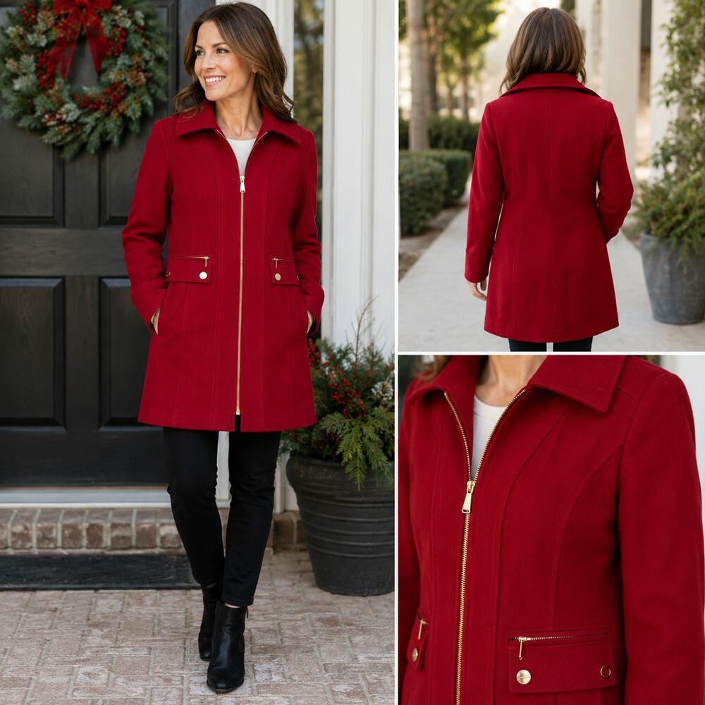 Michael Kors Petite Red Wool Blend Coat 6P Gold Hardware Zip Front